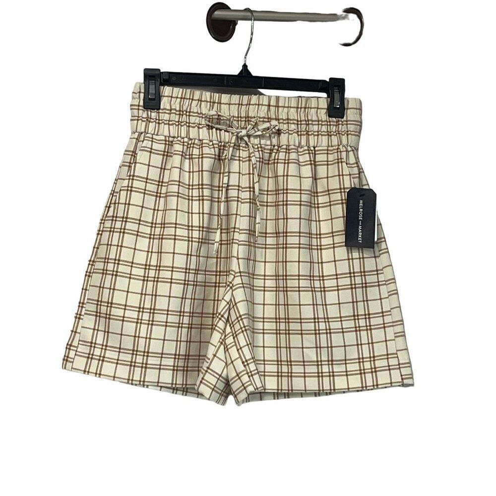 Melrose and Market Women’s High-waist, Twill Shorts, Ivory-Tan Jenn Plaid, S - Picture 2 of 6